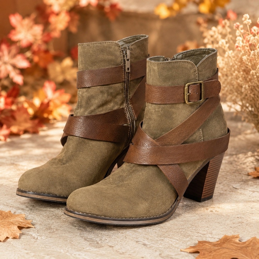 Shoedazzle Lourdes Olive Green Strappy Buckle Block Heel Ankle Boots Womens 11